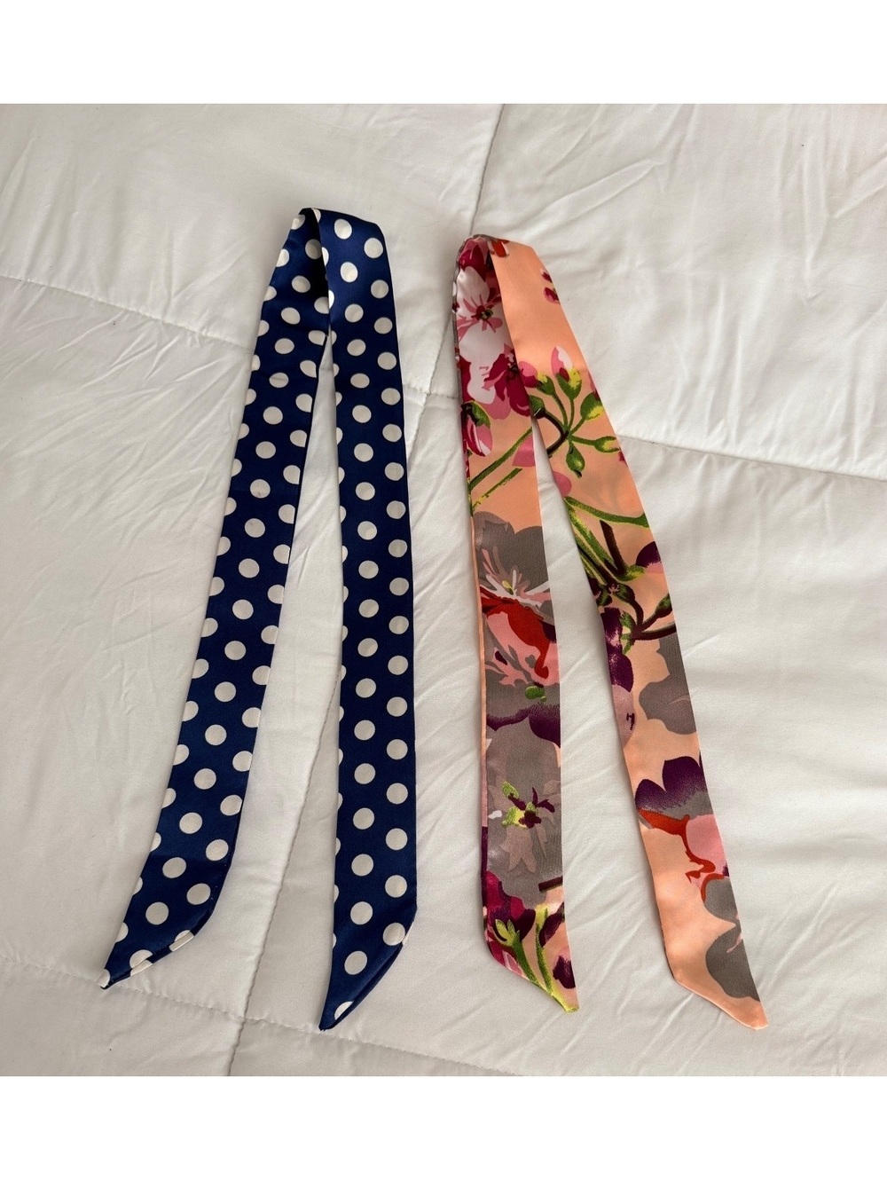 Set of Two Women's Skinny Scarves - Floral and Polka Dot Patterns